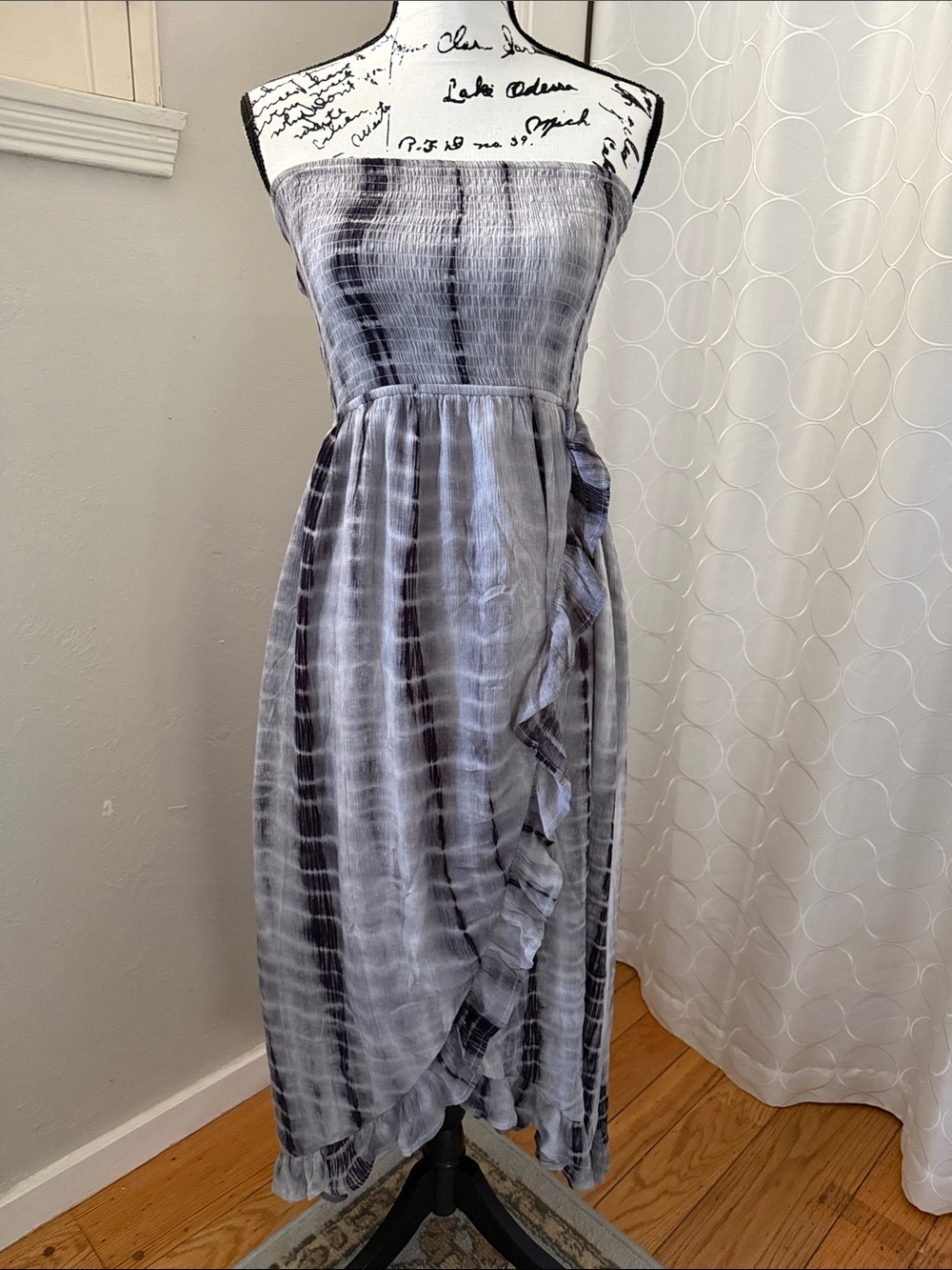 Smocked Strapless Tie-Dye Ruffle Midi Dress - Gray